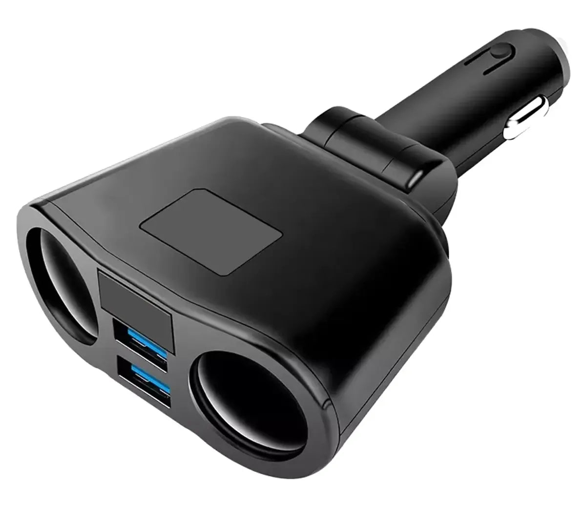 12V automobilinis cigarečių žiebtuvėlio skirstytuvas su USB lizdais ir voltmetru, matomas iš šono su jungtimis ir ekranų.