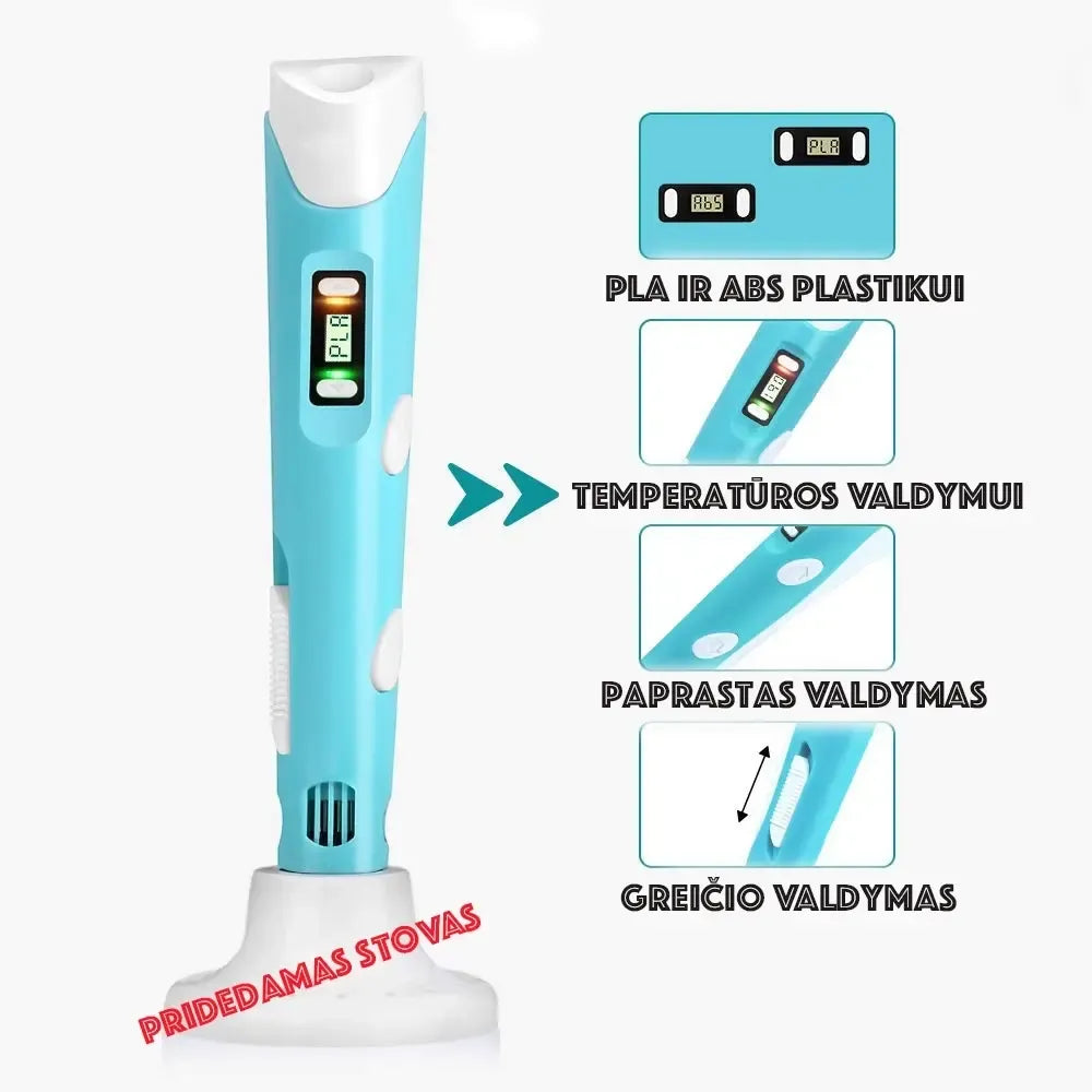 3D pieštukas kūrybai su PLA ir ABS plastiku, rankena ir įranga, vaizdas iš arti, naudojamas 3D spausdinimui ir modeliavimui