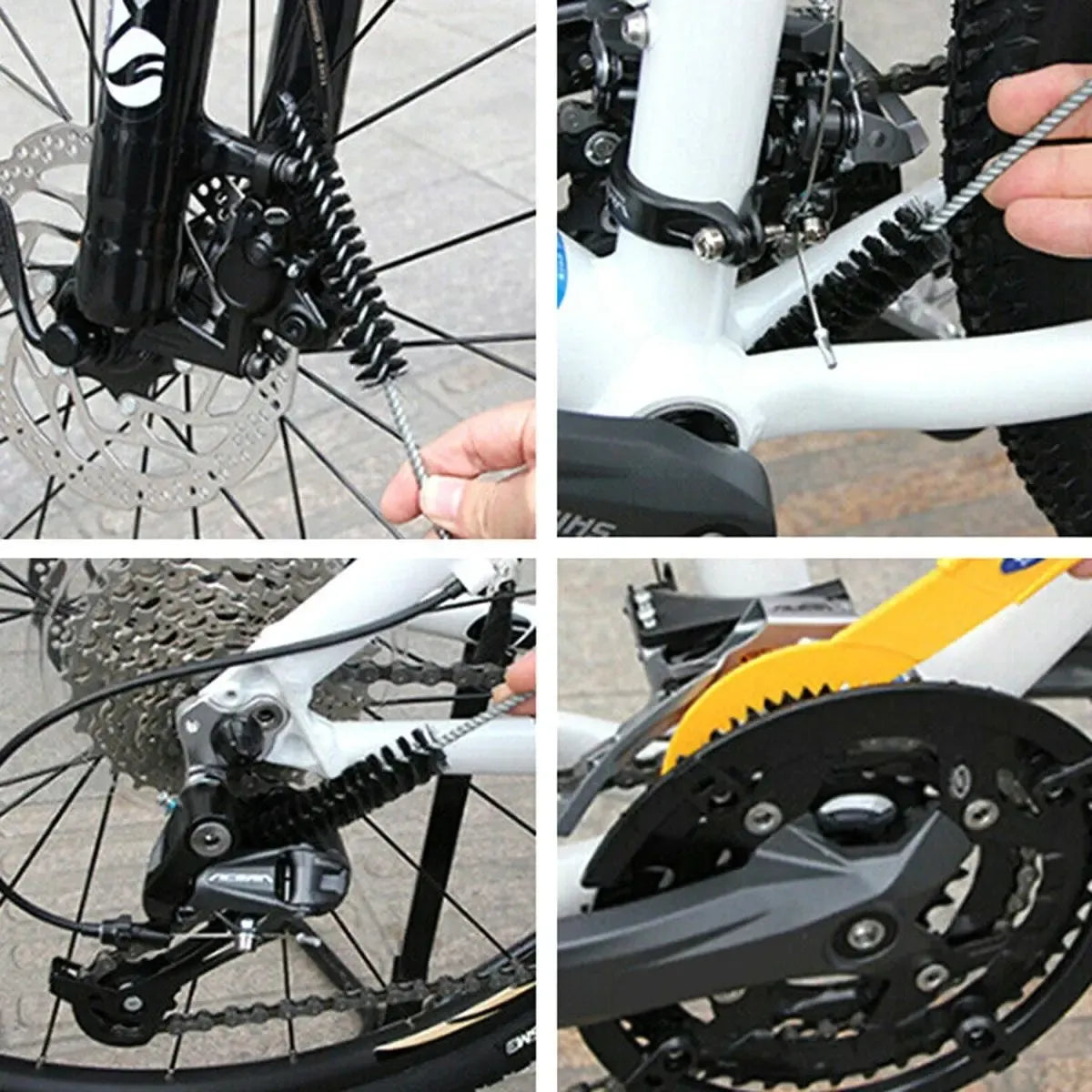 Dviračio valymo šepetėlių rinkinys su 6 skirtingų dydžių šepetėliais, skirtas bike priežiūrai ir valymui.