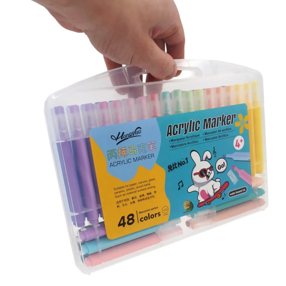 Akrilinių flomasterių rinkinys HongYao, 48 spalvos, vaizdas su daugybe spalvotų flomasterių ant balto paviršiaus.