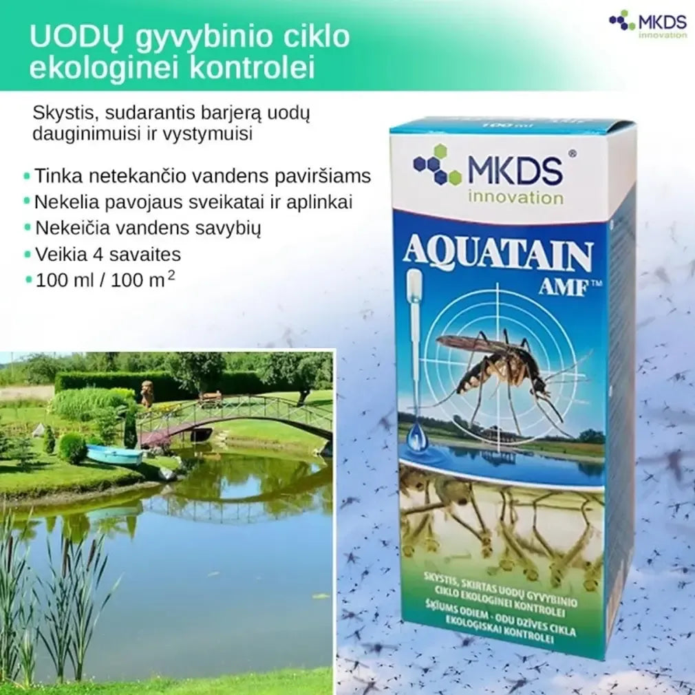 Biologinė Aquatain AMF priemonė nuo uodų ir mašalų lervų tvenkiniams, 100 ml, skystis, veiksminga vandens apsauga