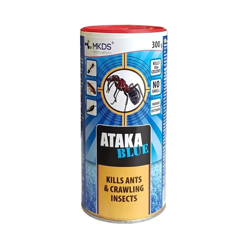 Mėlynas skruzdžių insekticidas Ataka Blue, 300 g, matomas pakuotės ir produkto pavadinimas, veiksmingai naikina skruzdėles.