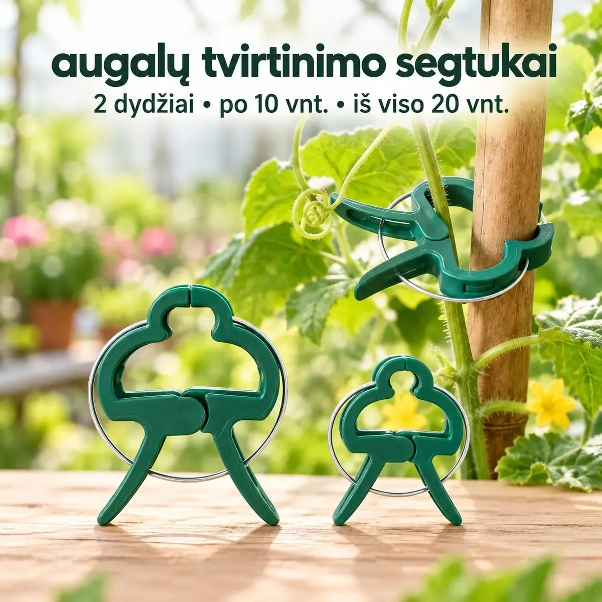 Augalų tvirtinimo segtukai, 2 dydžiai, metaliniai, naudojami augalų laikymui ir stabilizavimui sodinimo metu.