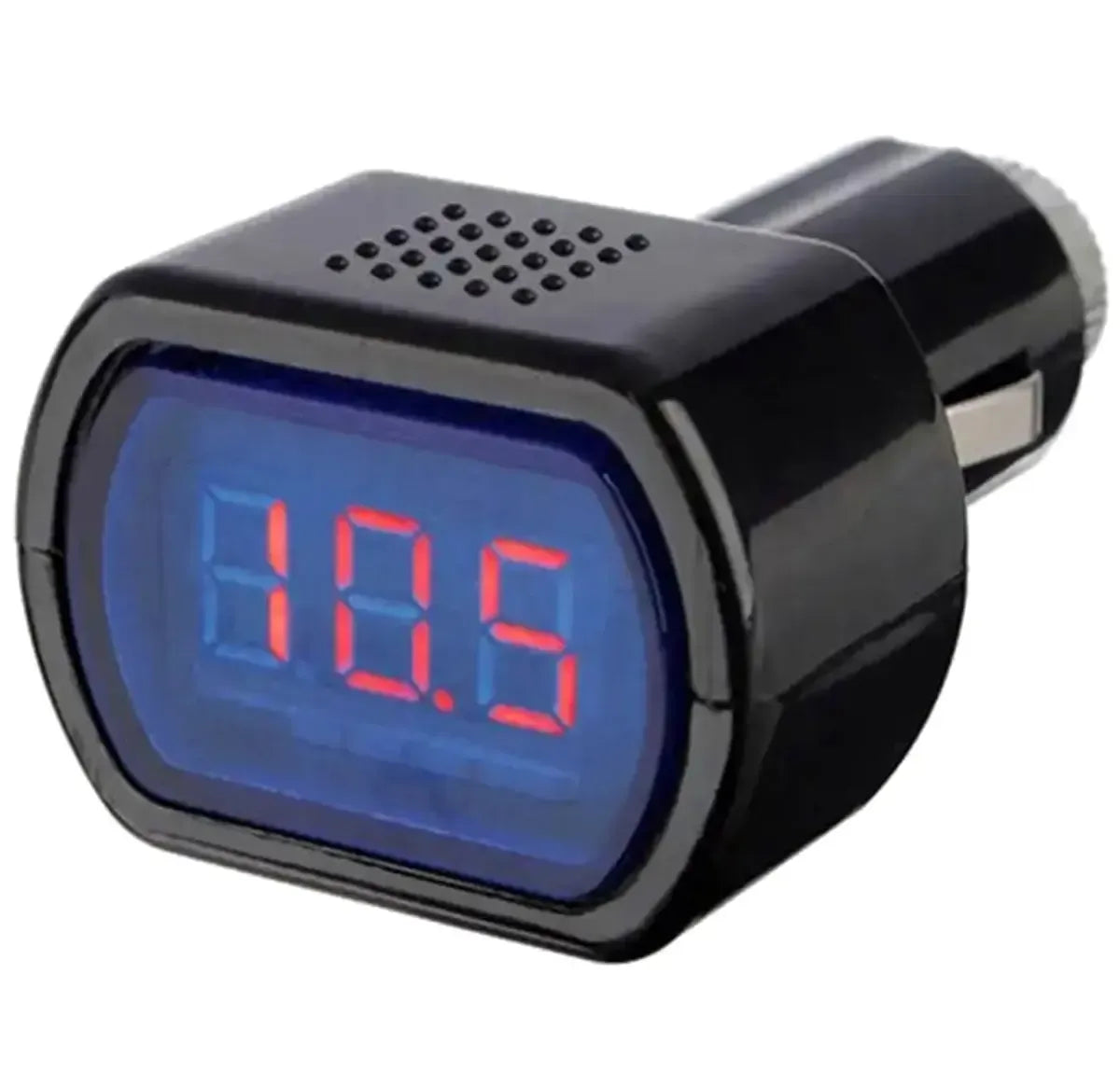 Automobilio voltmetras 12–24V su LCD ekranu, matuoja įtampą ir rodo skaitmeninius duomenis automobilio variklio srityje.