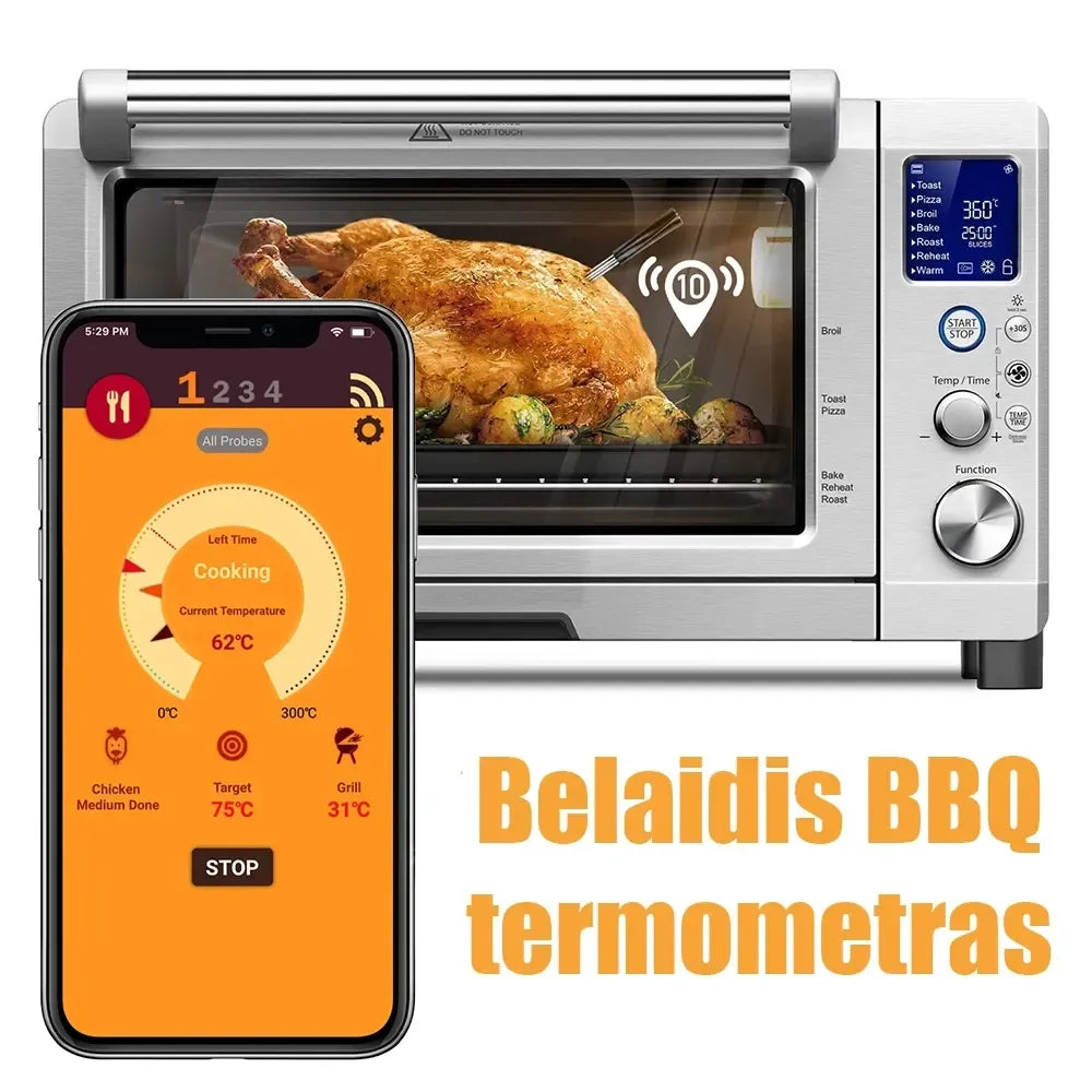 Belaidis išmanusis BBQ termometras TR454A su „Bluetooth“ ryšiu matuoja mėsos temperatūrą, juodas ir kompaktiškas, su ekranas.