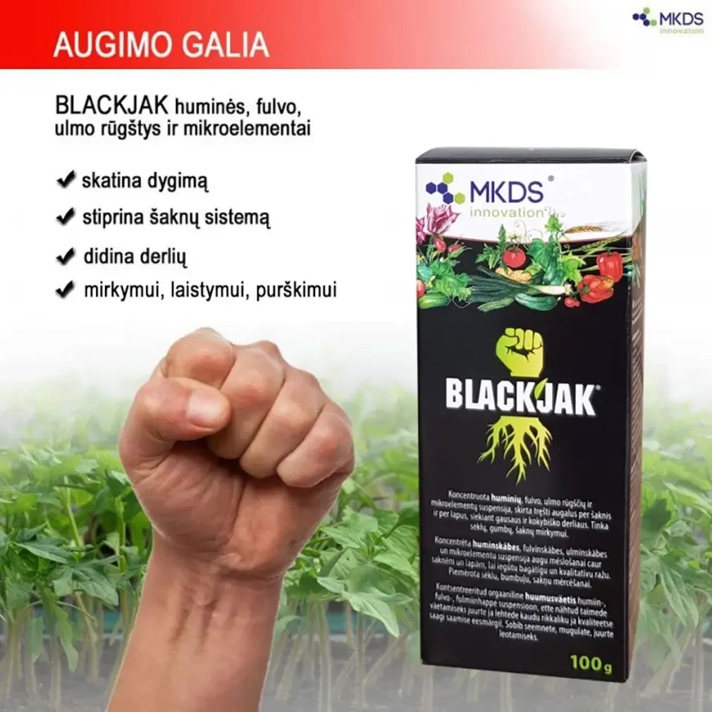 Blackjak huminės rūgštys įsišaknijimui, 100 ml, skaidrus skystis su žolelių ir huminių medžiagų etiketėje