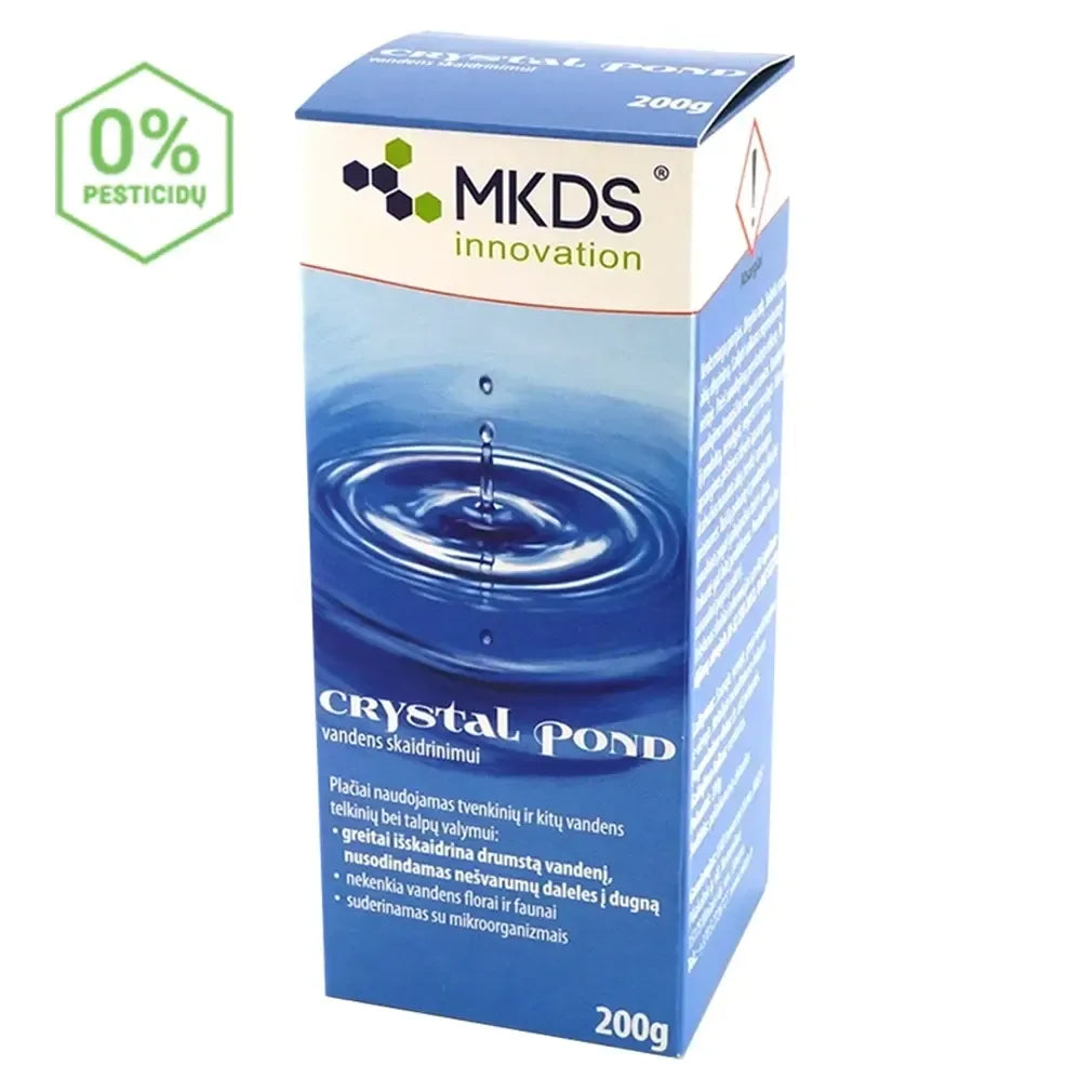 Skysto vandens skaidrinimo kristalinis preparatas Crystal Pond, 200 g, naudojamas greitam vandens valymui ir skaidrumo gerinimui