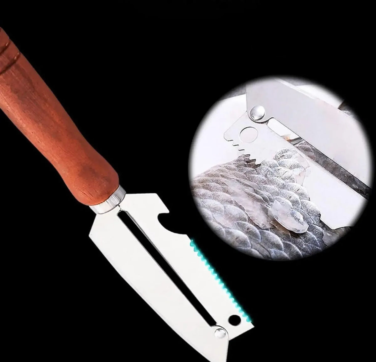 Daugiafunkcinis virtuvinis peilis-skustukas 3 in 1 su medine rankena, naudojamas maistui pjaustyti ir aštrinti.