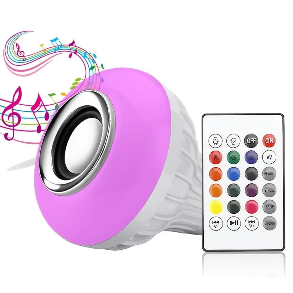 Disko LED lemputė su Bluetooth garsiakalbiu, E27 lizdas, spalvinga apšvietimo ir garso jungtis, modernus dizainas.