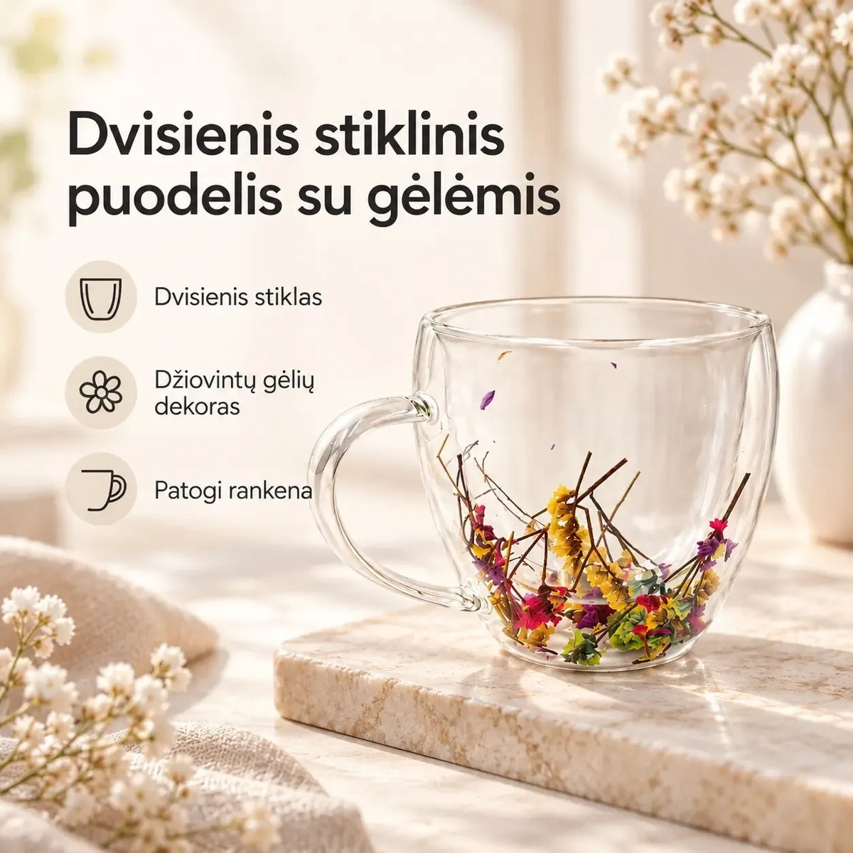 Dvigubo stiklo puodelis su gėlių dekoracijomis, 250 ml, aiškiai matoma stiklo tekstūra ir spalvingas gėlių ornamentas.