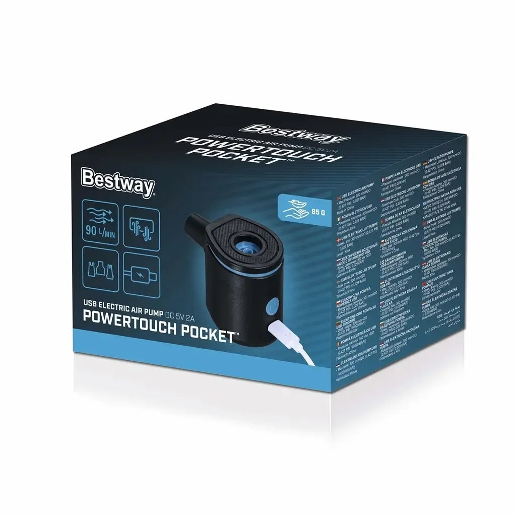 Elektrinė oro pompa Bestway PowerTouch Pocket su USB laidu, kompaktiška ir patogi naudoti oro pripūtimui ir defotacijai.