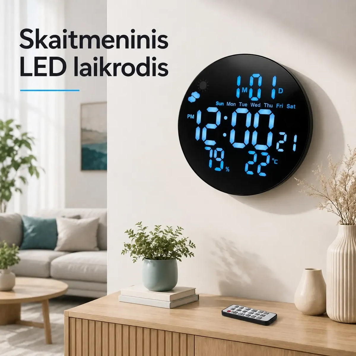Elektroninis laikrodis TR2250H su data ir termometru, aiškus skaitmeninis ekranas, patogus naudoti namuose ar biure.