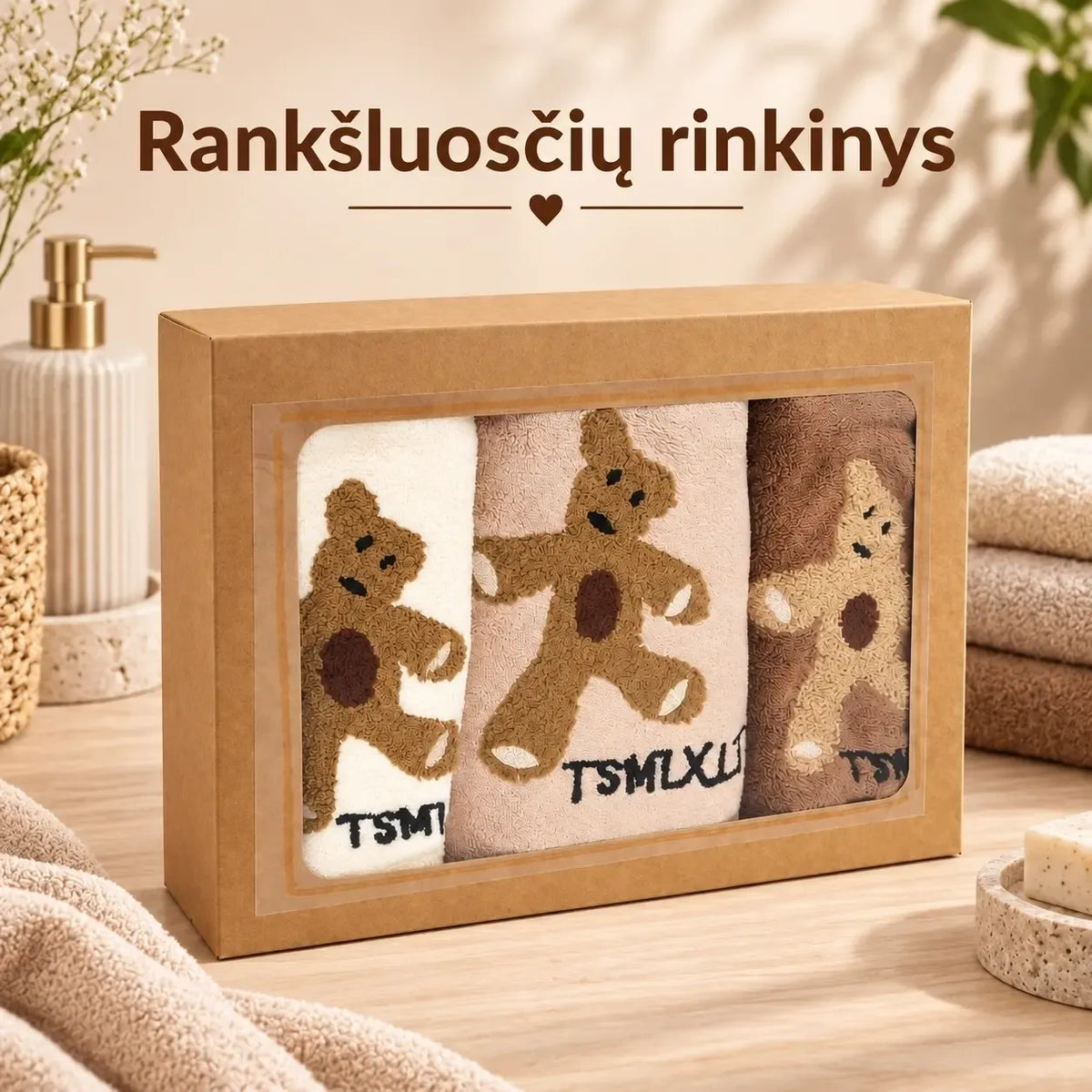 Trijų rankšluosčių rinkinys dovanų dėžutėje, minkšti ir švelnūs, puikiai tinka kaip dovana ar namų aksesuaras.