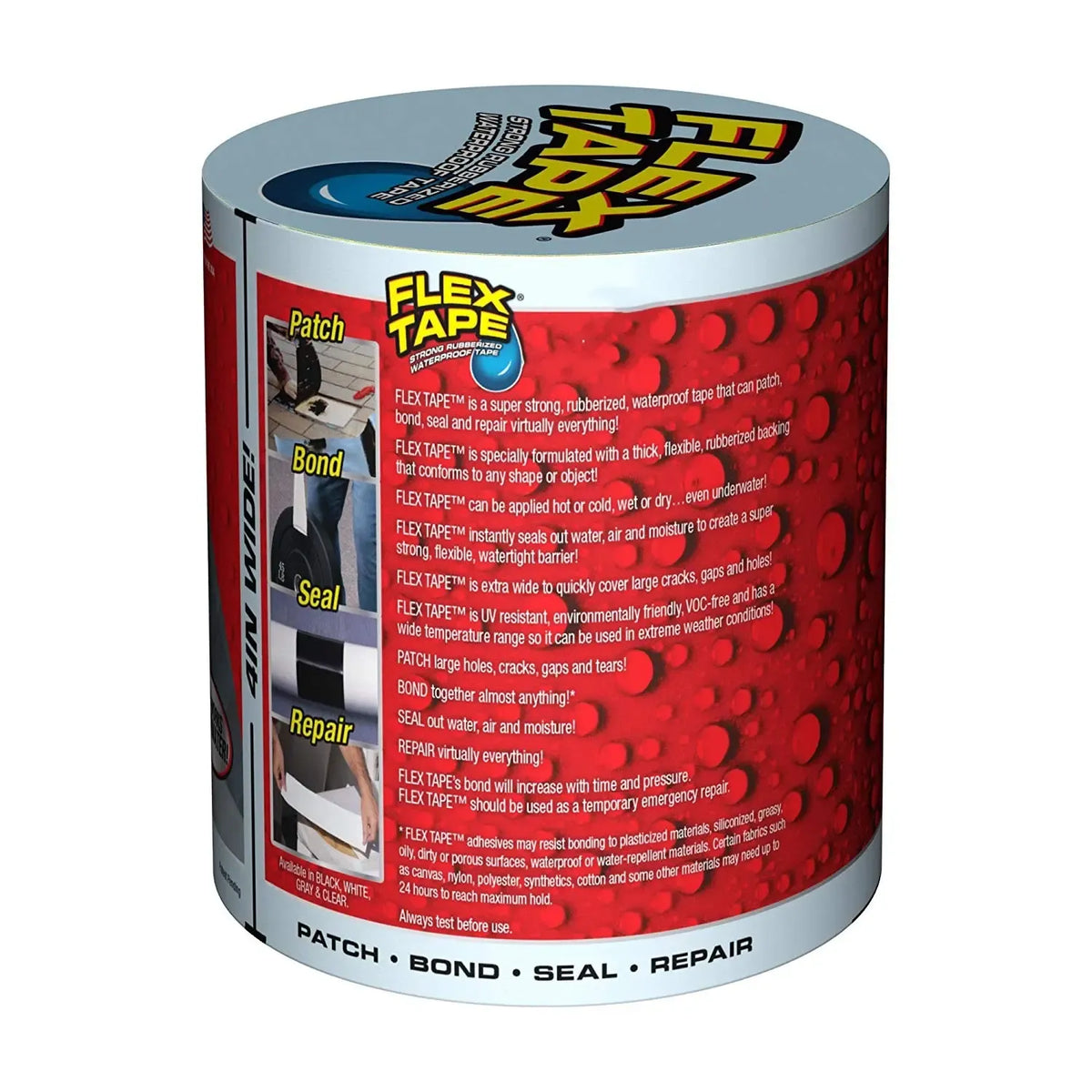 Juoda Flex Tape vandeniui atspari stipri lipni juosta, skirta sandarinimui ir remonto darbams, matyti plačiai išskėsta ir ištempta.