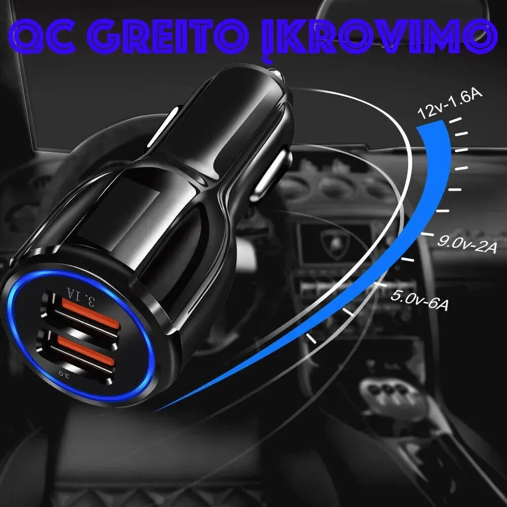Greito įkrovimo automobilinis USB įkroviklis su 2 jungtimis ir QC 3.0, skirta greitam įkrovimui automobilyje