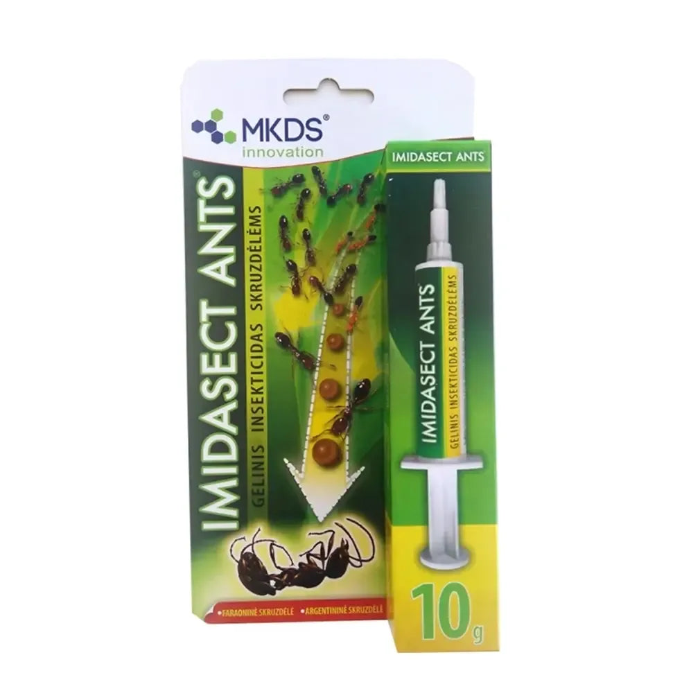 Gelinis insekticidas skruzdėlėms Imidasect Ants, 10 g, veiksmingas skruzdėlių naikinimui, vaizdas su produkto pakuote.