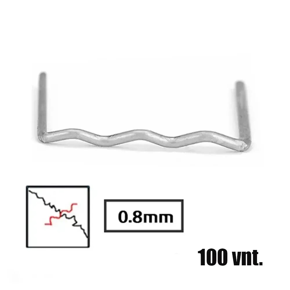 Plastikinių suvirintojų kabės RS26, 0,8 mm, 100 vnt. rinkinys, skirtas plastiko suvirinimo darbams.
