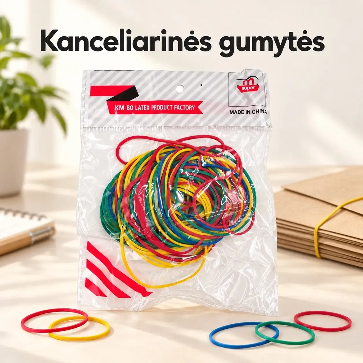 Įvairiaspalvės kanceliarinės gumytės, maži lankstūs elastiniai raišteliai biuro reikmėms ir rašymo priemonėms.