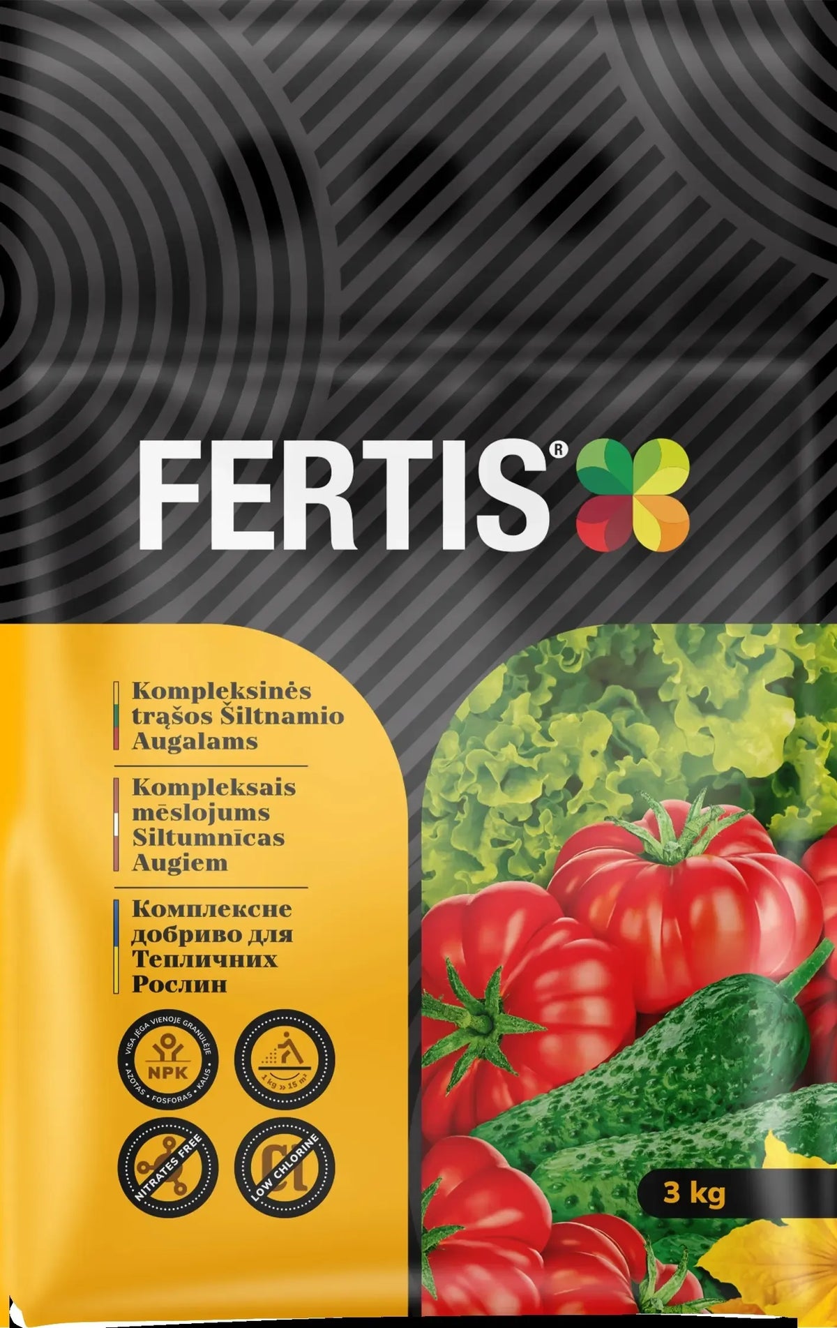 Kompleksinės trąšos šiltnamio augalams Fertis, 3 kg, natūrali augalų maitinimo priemonė, skirta pagerinti augalų augimą.