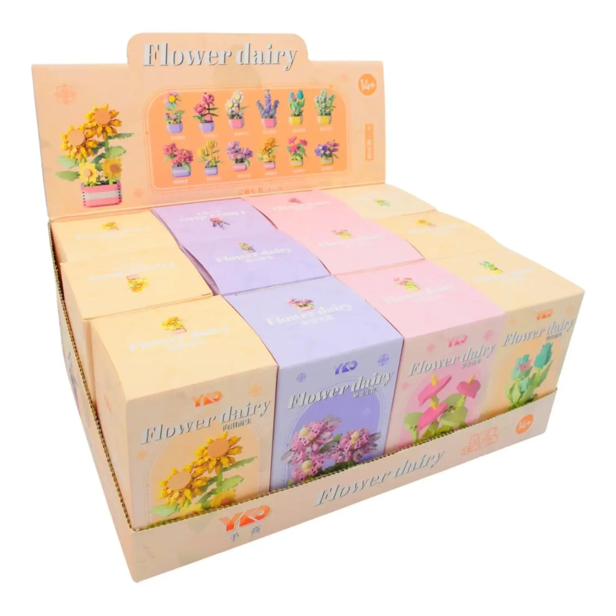 Konstruktorius gėlių puokštė Flower Dairy kūrybinis konstravimo rinkinys su spalvingomis detalėmis ir gėlių elementais.