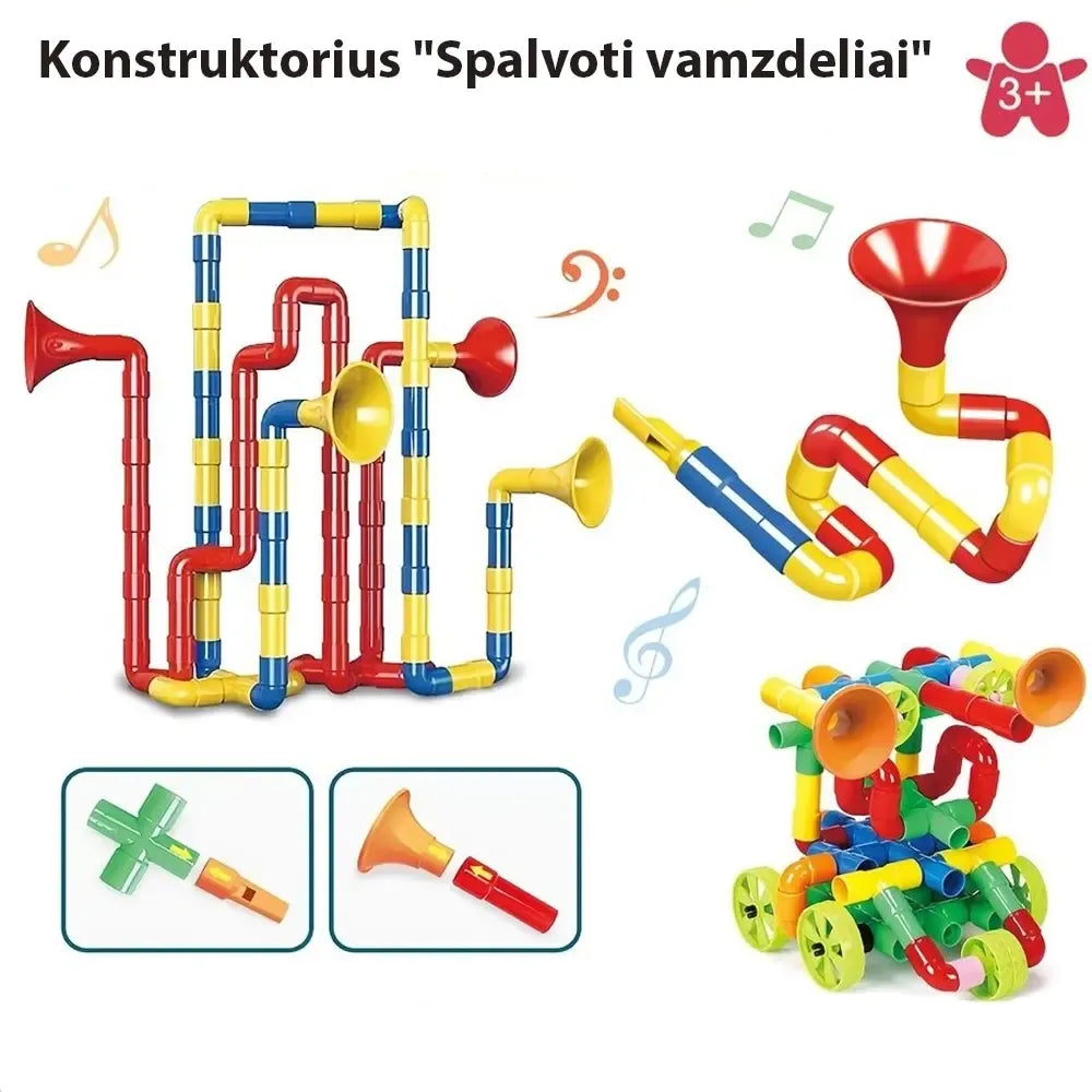 Spalvoti vamzdeliai konstruktoriaus rinkinys, 76 vnt., vaiko žaislas statyboms ir kūrybai, spalvingi plastikiniai vamzdeliai.