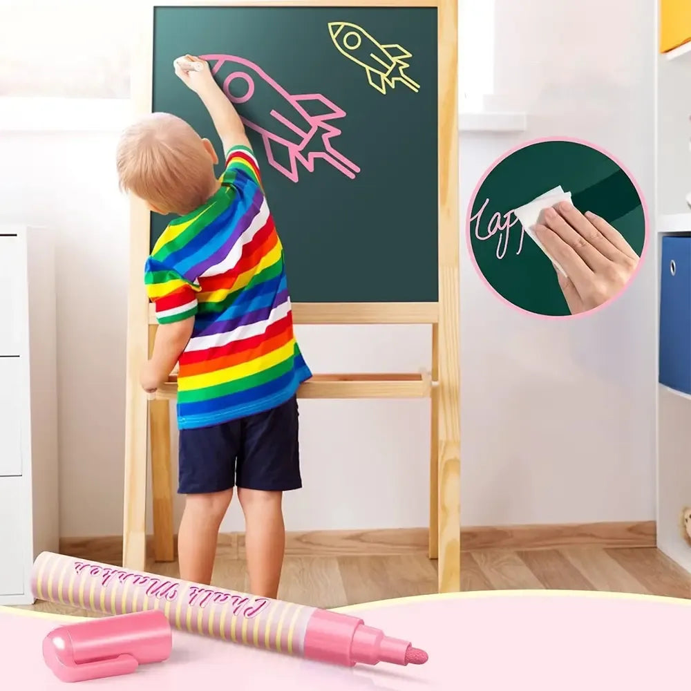 Kreidos markeriai, 8 vnt., įvairių spalvų, skirti piešimui ir rašymui ant lentų ar kitų paviršių.