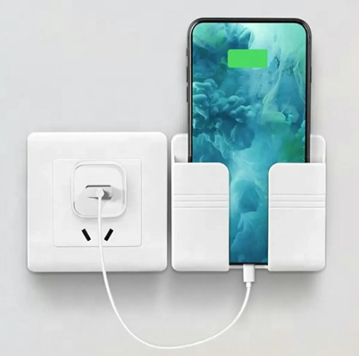 Universalus sieninis telefono įkroviklio laikiklis, skirtas patogiam įkrovimui ir stabiliai telefono padėčiai.