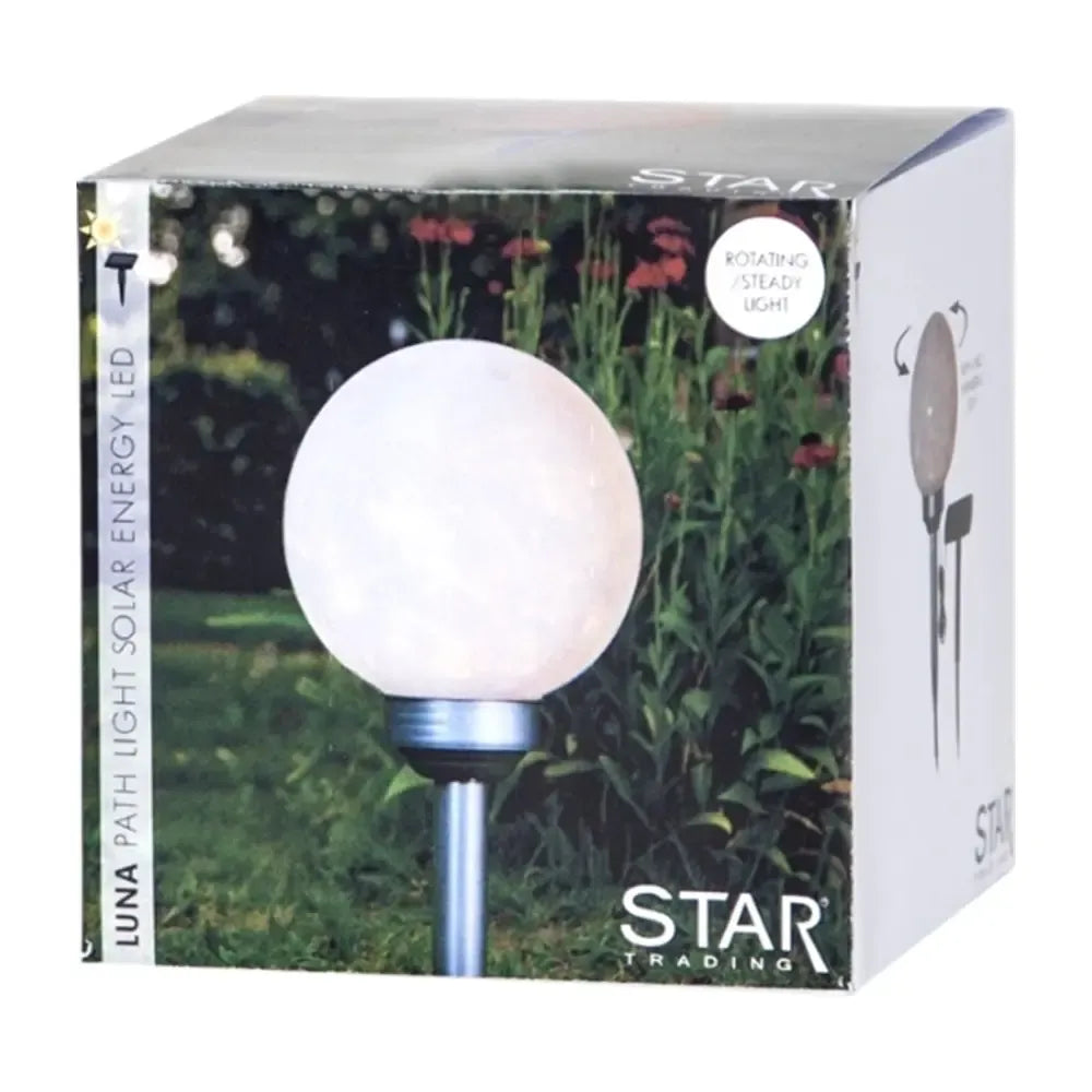 Dekoratyvinė lauko LED sodo lempa Luna su saulės baterija, 37 cm aukščio, apšviečia sodą naktį.
