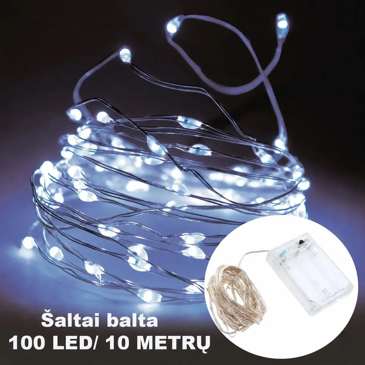 USB LED girlianda su 100 šviesiai baltų LED diodų, 10 m ilgio, tinkama apšvietimui ir dekoracijoms.