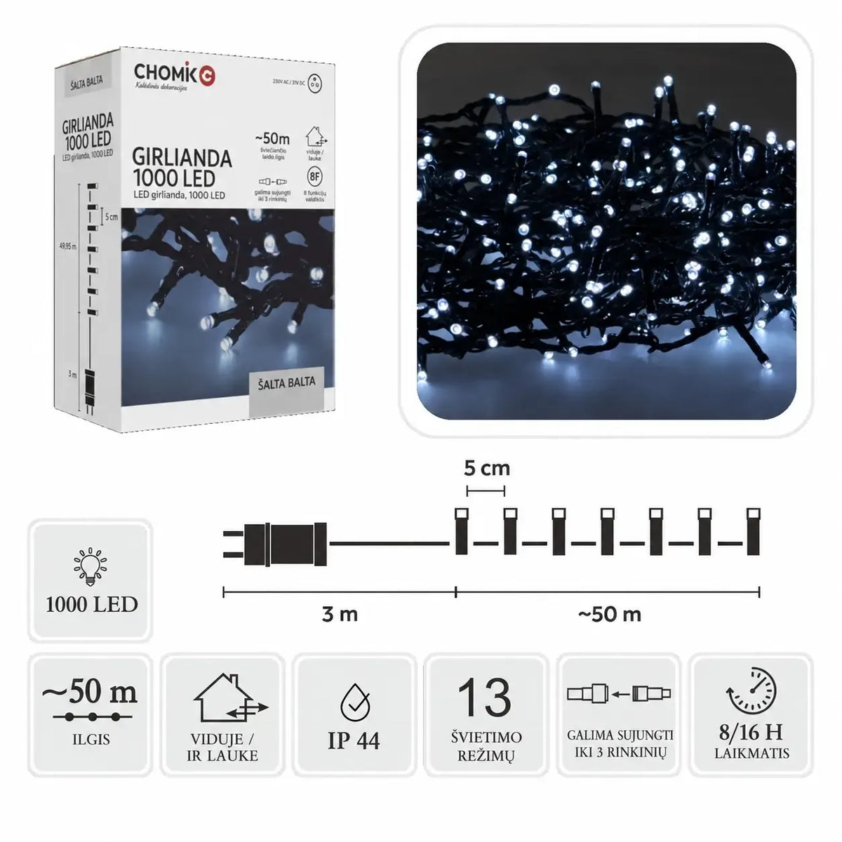 Šaltai balta LED girlianda su 1000 LED, 53 m ilgio, apšviečianti šviesą ir sukuriančią jaukią atmosferą.