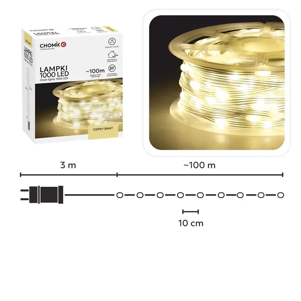 Šiltai balta LED girlianda „Micro Wire Light“ su 1000 LED, 100 m ilgio apšvietimas namams ir lauko dekoracijoms