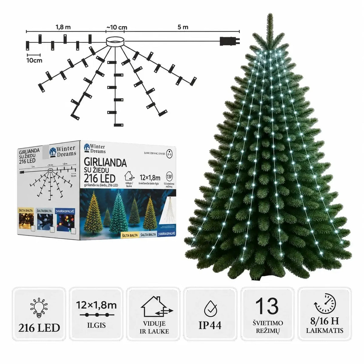 Šviesi LED girlianda su žiedu, 12×1,8 m, 216 šaltai baltų LED lempučių, puikiai apšviesti patalpoms ar lauko erdvei.
