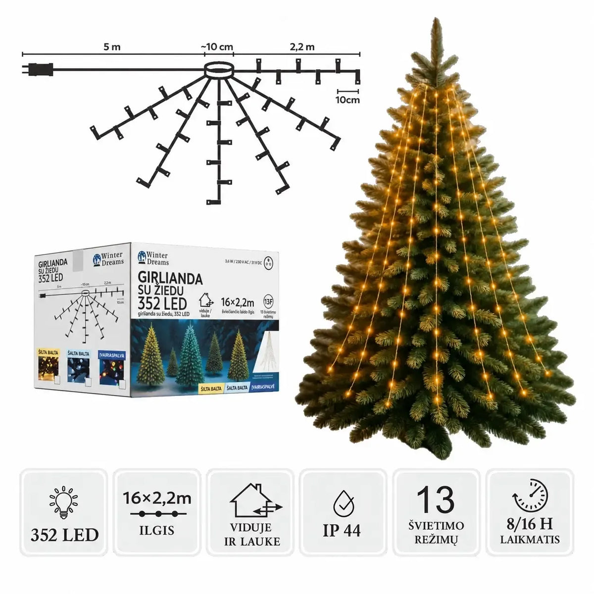 LED girlianda su žiedu, 16×2,2 m, 352 šiltai baltos LED lempučių, dekoratyvi apšvietimo priemonė namams ir renginiams
