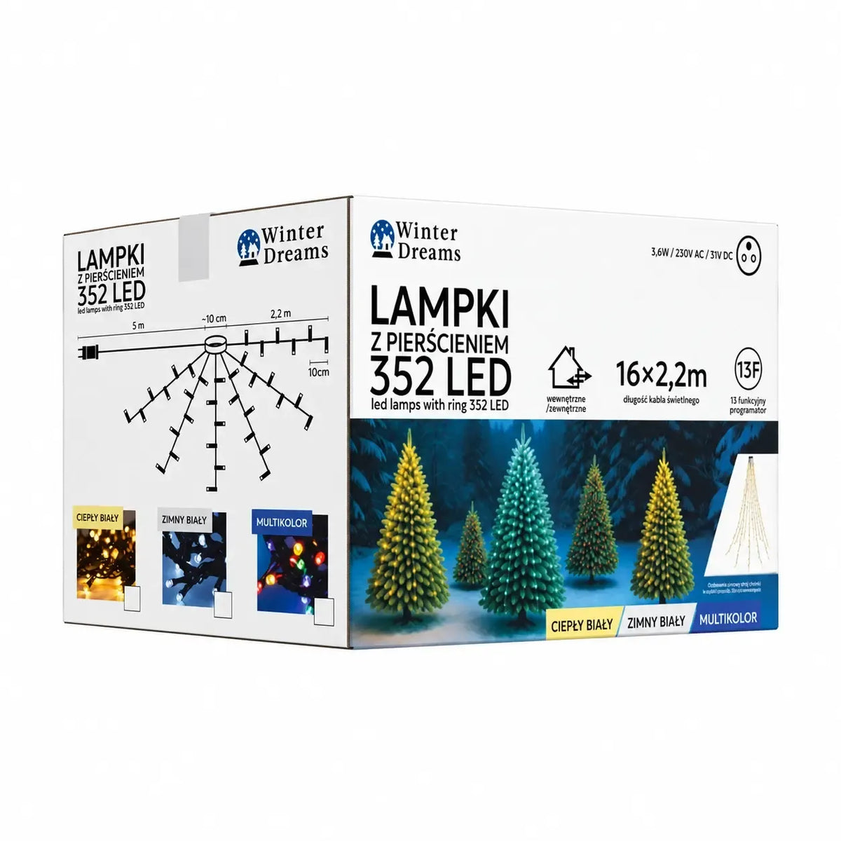 Šilta baltos spalvos LED girlianda su 352 LED žiedais, 16 × 2,2 m ilgio, šventinė apšvietimo dekoracija namams.