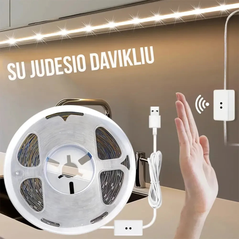 3 m ilgio LED juostelė su judesio davikliu, USB jungtis, šviesi ir energiją taupanti apšvietimo priemonė.