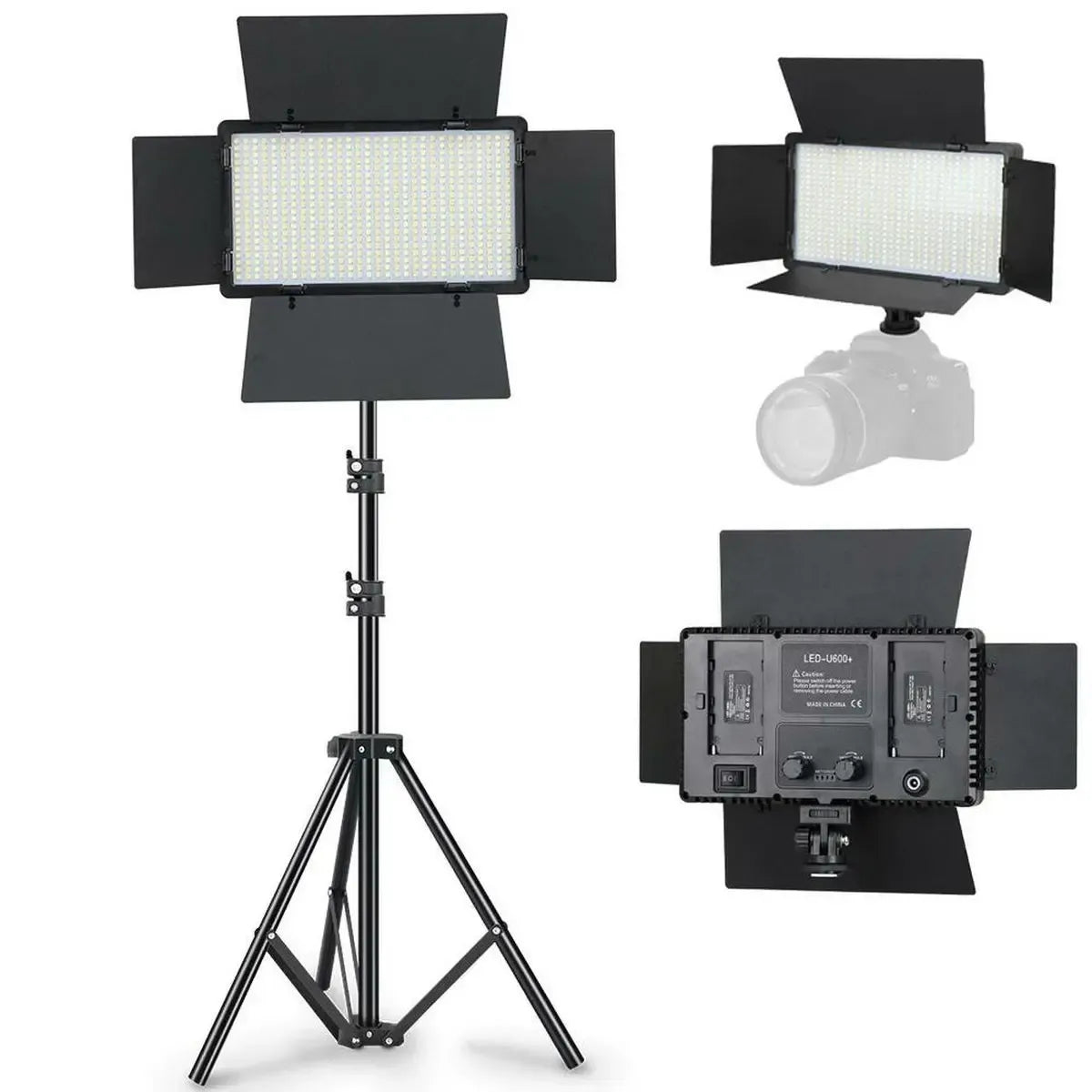 Profesionali LED panelinė lempa Pro LED 800 su trikoju, šviesos šaltinis ir reguliuojamas aukštis, įrengta stabiliai stovint.