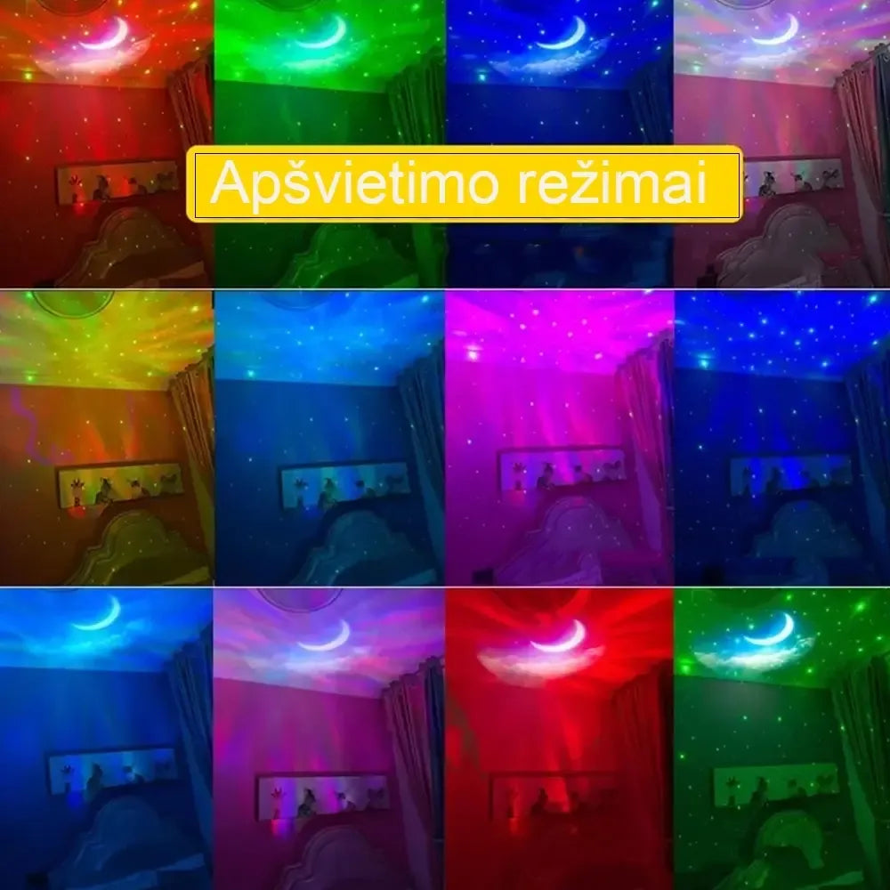 LED projektorius su kolonėle, rodo astronauto vaizdą, tinka vaikų kambariui ir sukuria įdomią apšvietimo atmosferą.