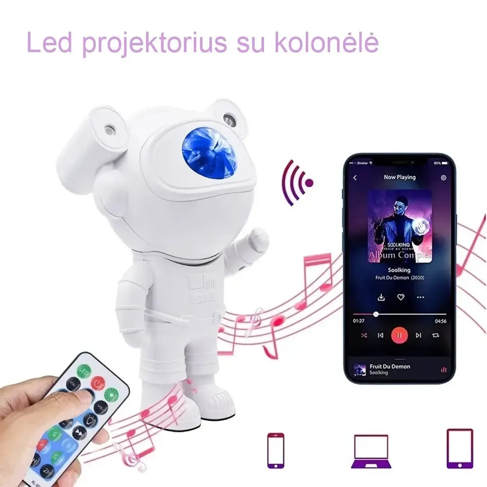 LED projektorius su kolonėle „Astronautas“ rodo šviesų ir muzikos šou, skirtas vaikų kambariui ar vakarėliams.