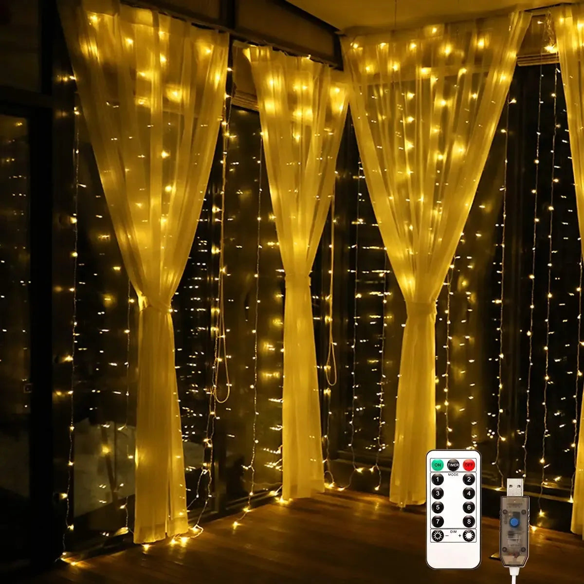 Šiltai balta LED USB užuolaida-girlianda, 3x3 m, su 300 LED šviesomis, puikiai apšviečia ir papuošia erdvę.