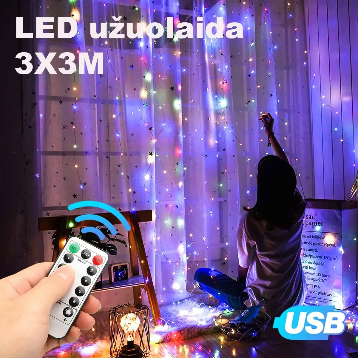 Spalvota LED USB užuolaida-girlianda su šviesos diodais, puiki dekoracija namams ir renginiams, matyti švytinti ir išskirtinė.