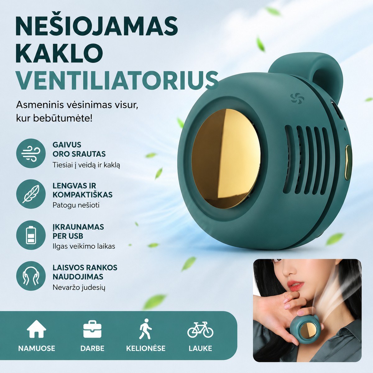 Mini nešiojamas ventiliatorius Lektro.lt, sidabro spalvos kompaktiškas ventiliatorius, patogus naudoti ir lengvas.