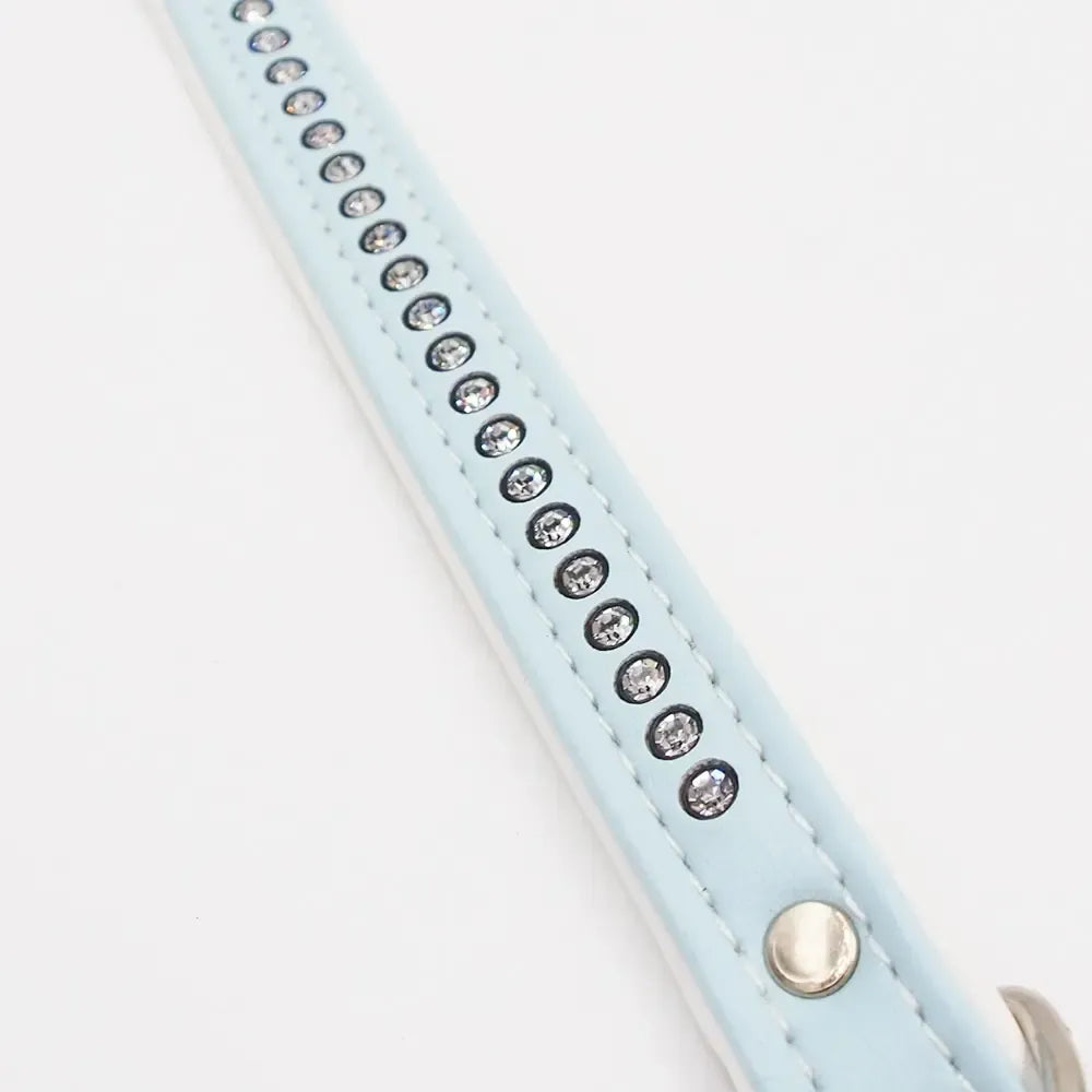 Šviesiai mėlynas Hunter odinis šunų antkaklis su Swarovski kristalais, M dydis (28–33 cm)