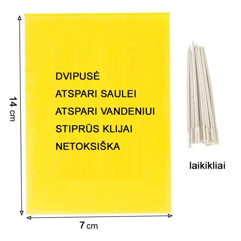 Geltona magnetinė gaudyklė nuo baltasparnių, blakčių ir amarų, 7x14 cm, 12 vnt., efektyvi augalų apsaugos priemonė.