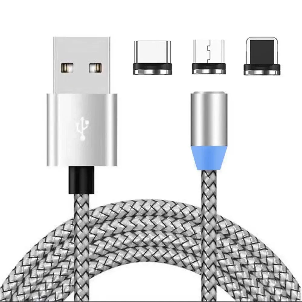 Magnetinis USB įkrovimo laidas 3in1, universalaus naudojimo, su metaliniu magnetiniu jungtimi ir skirtingomis jungtimis.