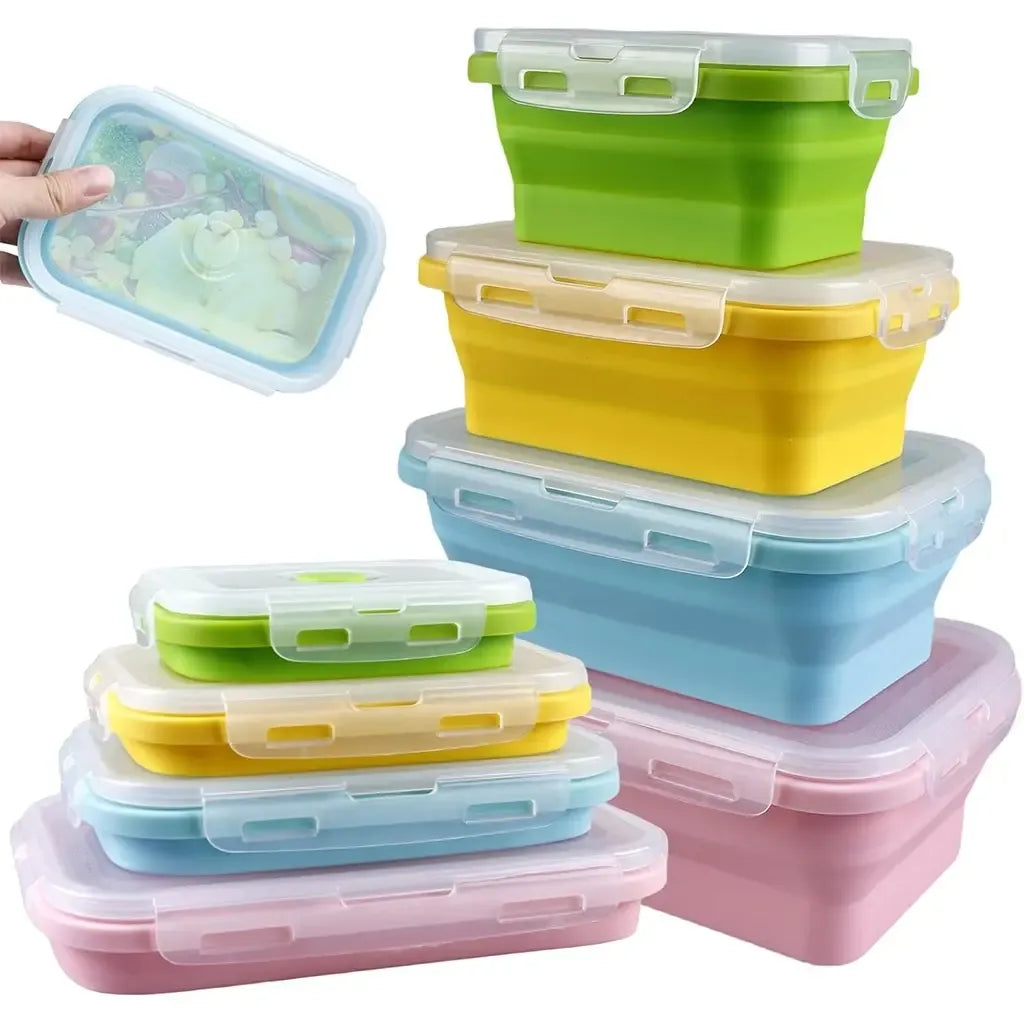 Keturių dalykų sulankstomų maisto dėžučių rinkinys, plastikinės dėžutės maistui ir užkandžiams, patogios ir kompaktiškos.