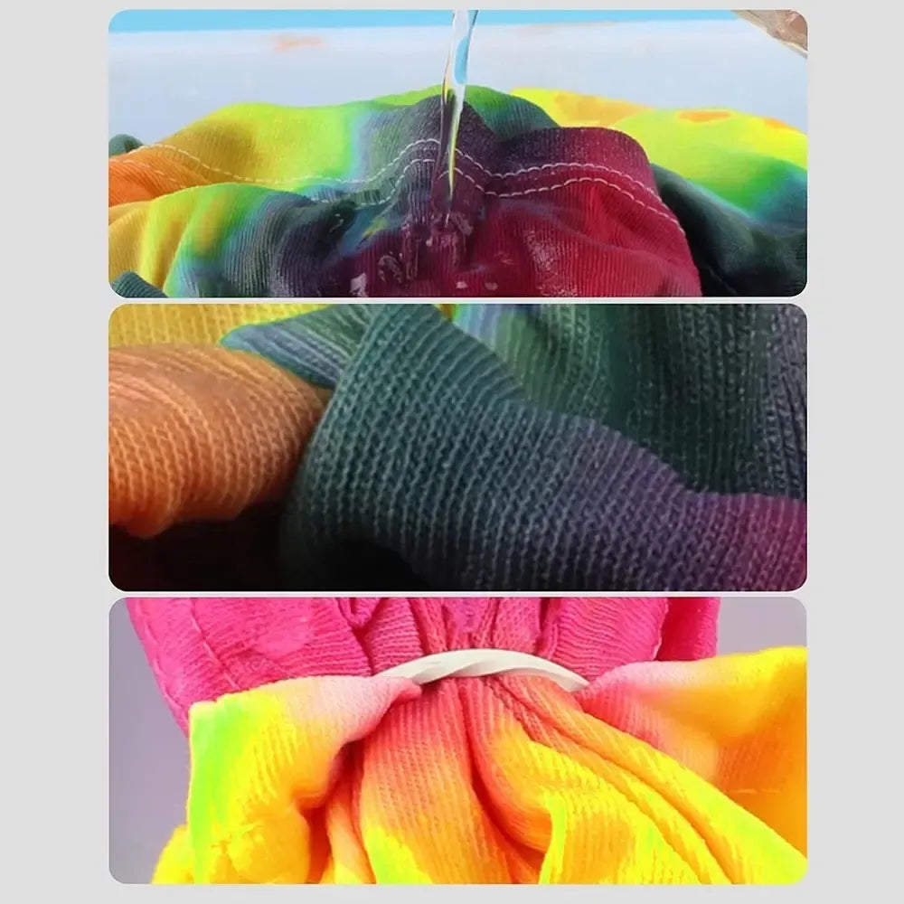 Kūrybinis marškinėlių dažymo rinkinys „Tie-Dye“ šeimai su įvairiomis dažymo priemonėmis ir marškinėliais.