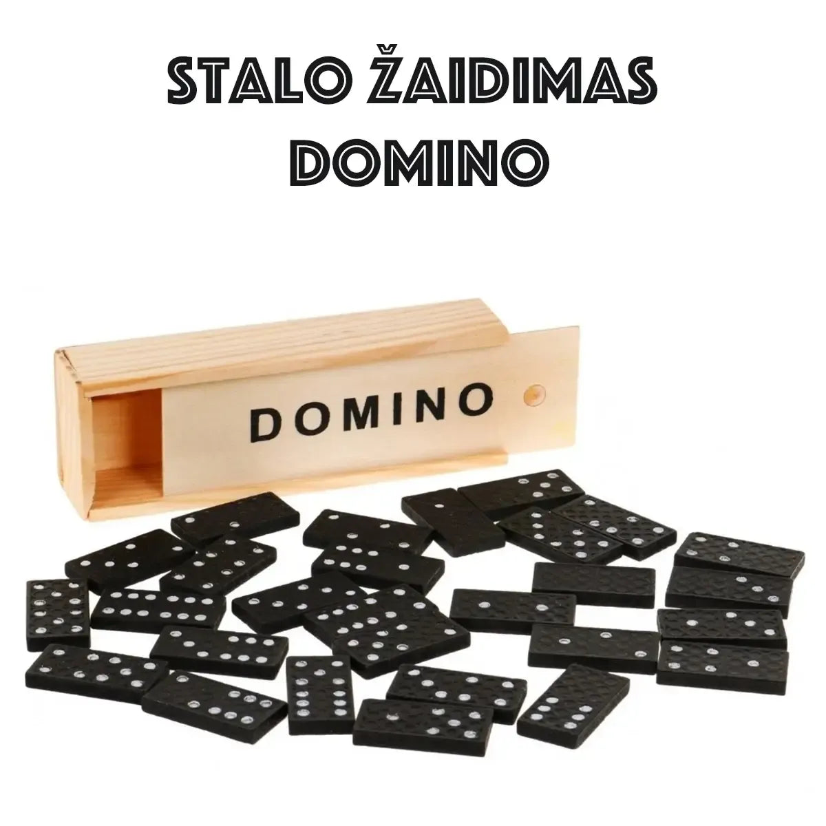Medinis domino žaidimas su baltomis ir juodomis dėmėmis, skirtingų dydžių domino kaladėlės ant balto stalo.