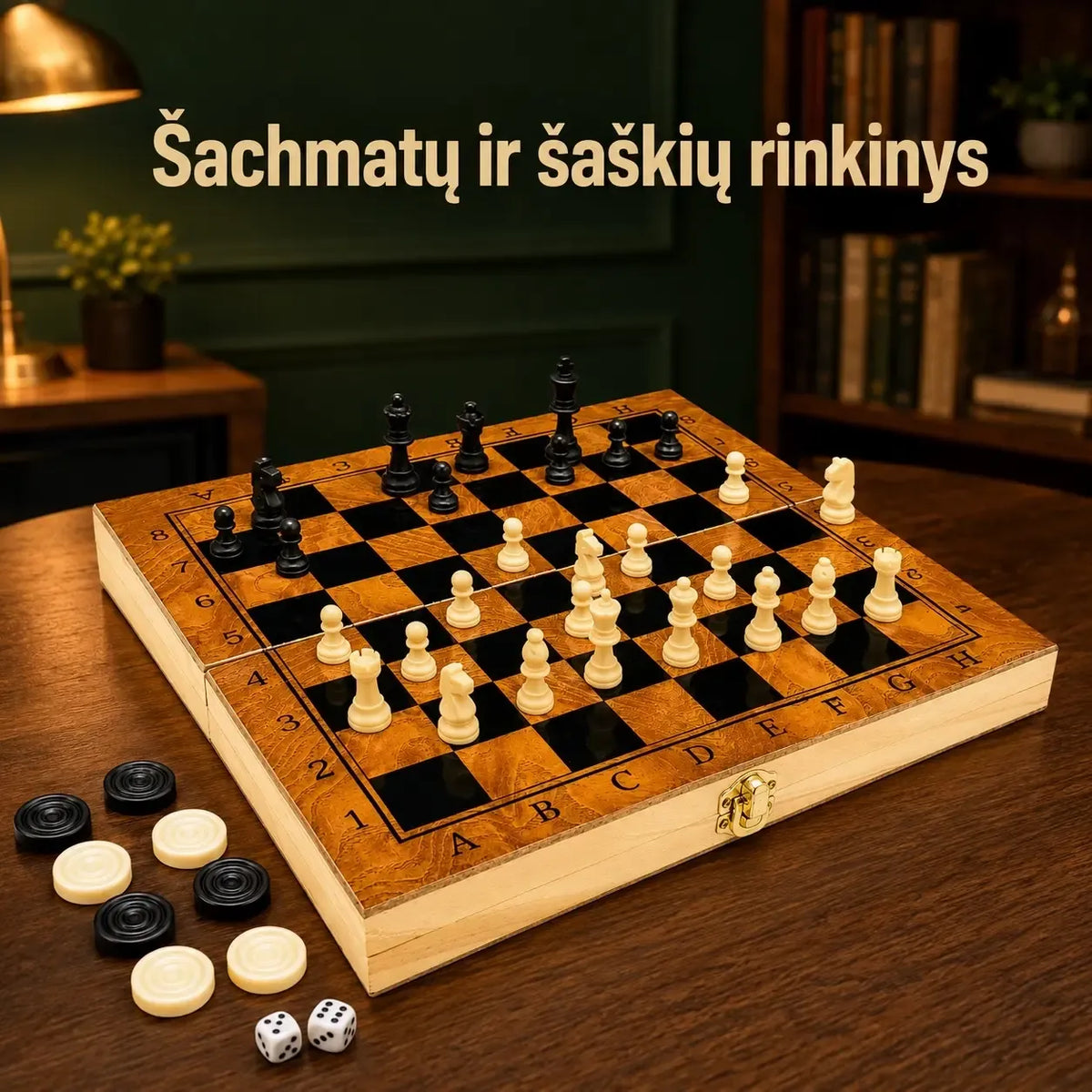 Medinis šachmatų ir šaškių rinkinys TR2351, su detalėmis ir įrankiais, skirtas žaidimams ir strateginiams žaidimams.