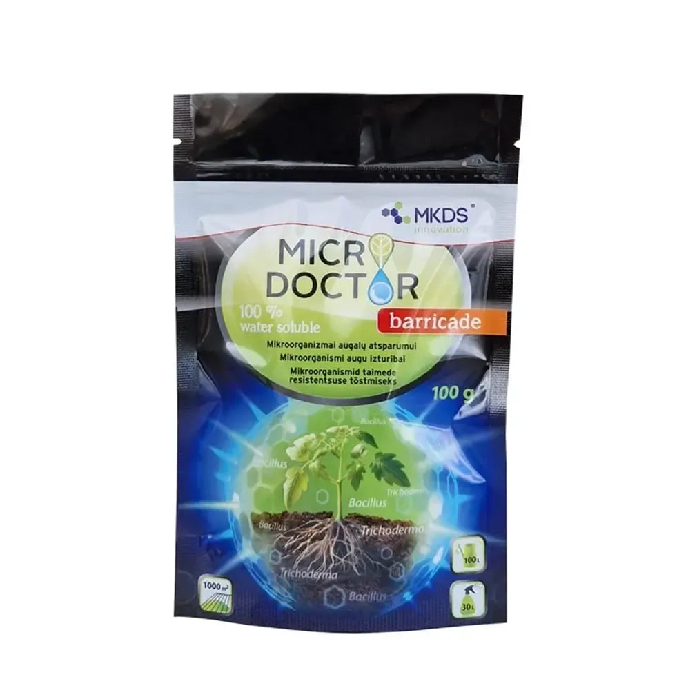 Microdoctor Barricade mikroorganizmai augalų atsparumui didinti, 100 g, pakuotė su skaidriu produkto matmeniu ir etiketėmis