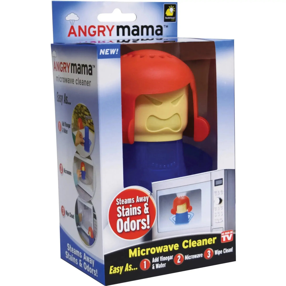 Virtuvės mikrobangų krosnėlės valiklis Angry Mama, geltonas su veidu, skirtas efektyviam valymui ir kvėpavimui.